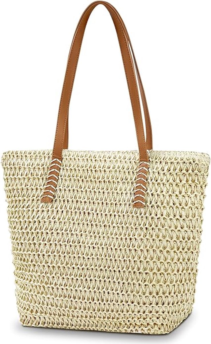 Dameshandtas van gevlochten gras, strandtas, grote handtas met ritssluiting, zomerse schoudertas in bohemienstijl, geschikt voor buitenactiviteiten, reizen en het strand