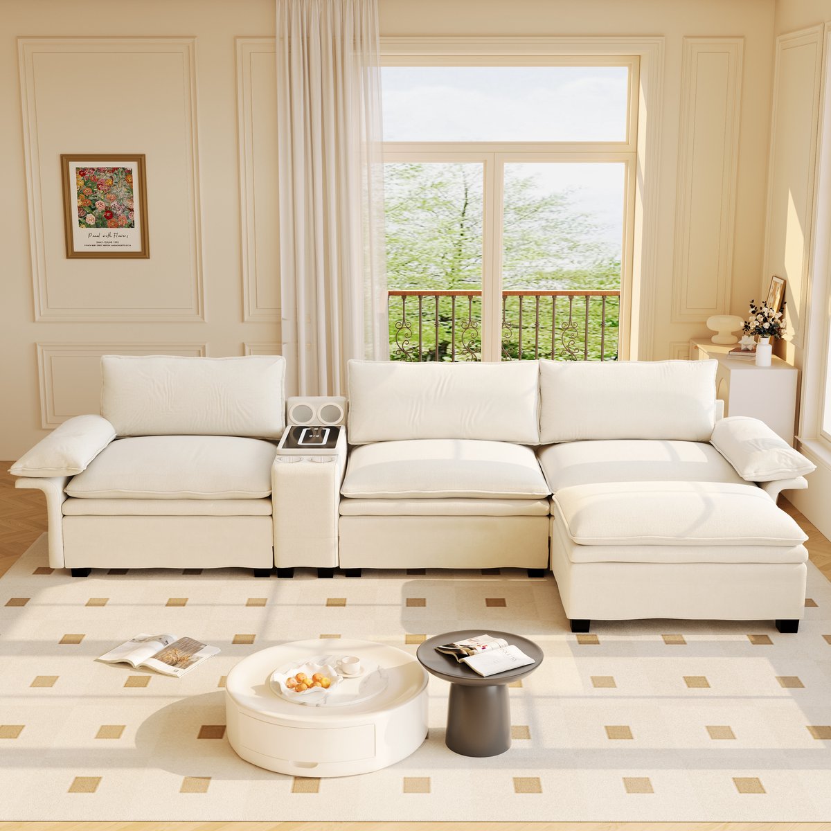 VVBV Hoekbank 315x70x85 cm - L-Vorm, Opbergruimte, Stabiel Metalen Frame - Beige, Chenille