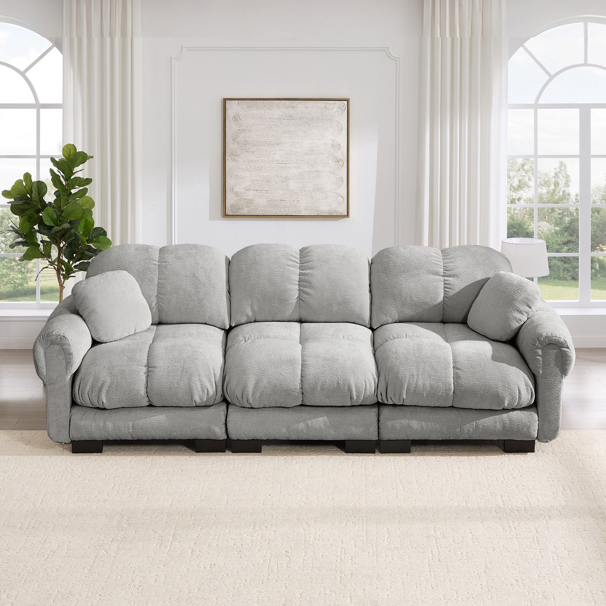 Comfortabel 3-zits Sofa met Eenvoudige Opbouw - met Dekokussens - 260x86x90 cm, Lichtgrijs