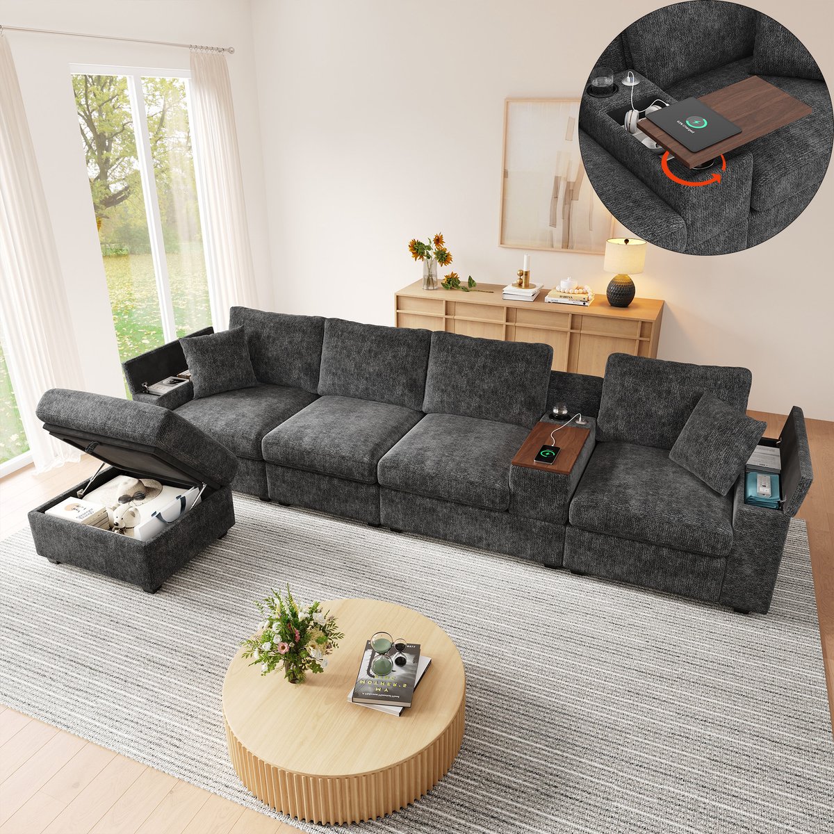 Modulaire Hoekbank - 5-Zits Chenille Bank Met Hocker, Opbergruimte En USB Type-C - L-Vorm Lounge Sofa Met Bekerhouder, Draaibare Tafel En Luxe Comfort Voor Woonkamer - Grijs