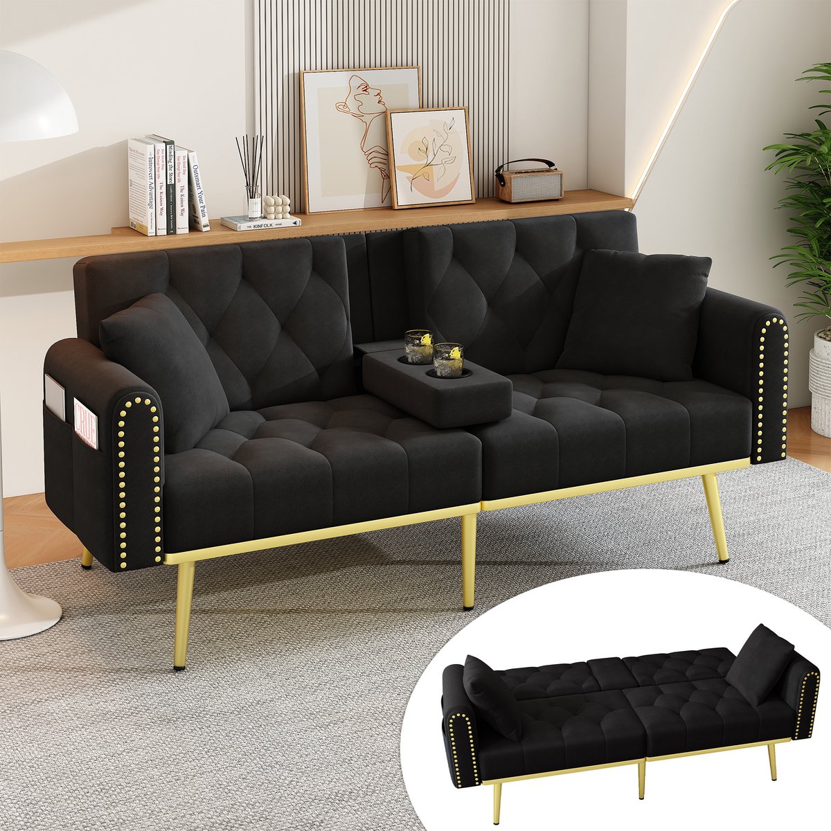 Slaapbank 2 Zits - Velvet Sofa Bed Met Verstelbare Rugleuning - 3 Standen Relaxbank Met Bekerhouder - Moderne Uitklapbare Bank Voor Woonkamer En Gastenkamer - Zwart