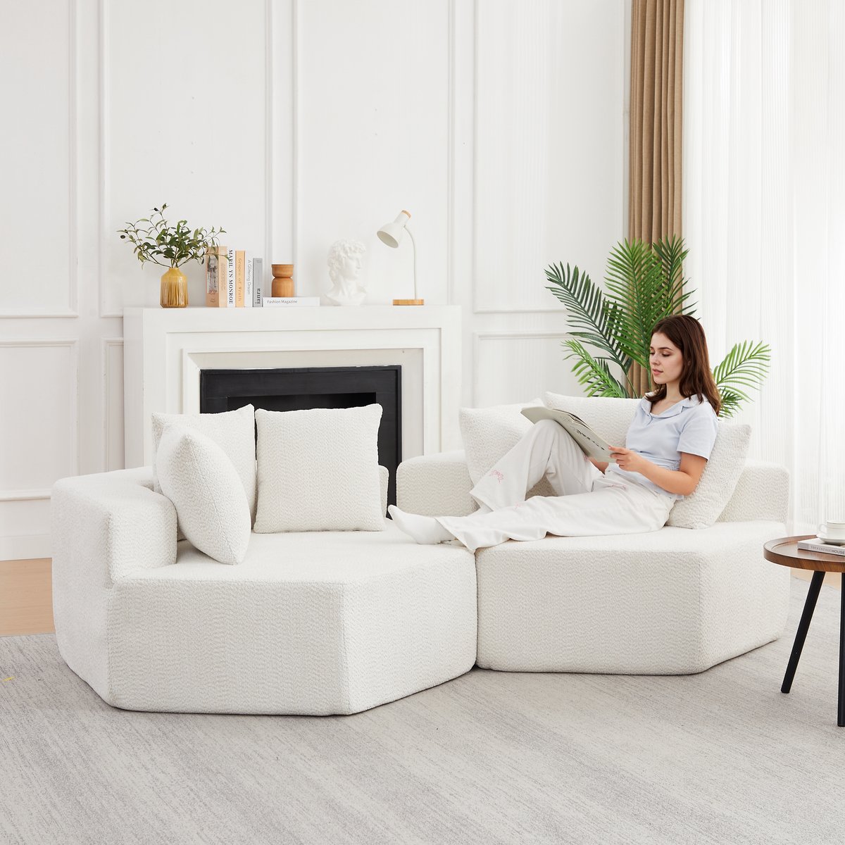 Modulaire Fauteuil - Chenille Lounge Stoel Met Hexagon Design - 2-Zits Sofa Met Kussens En Vering - Zachte Comfortabele Bank Voor Woonkamer - Beige