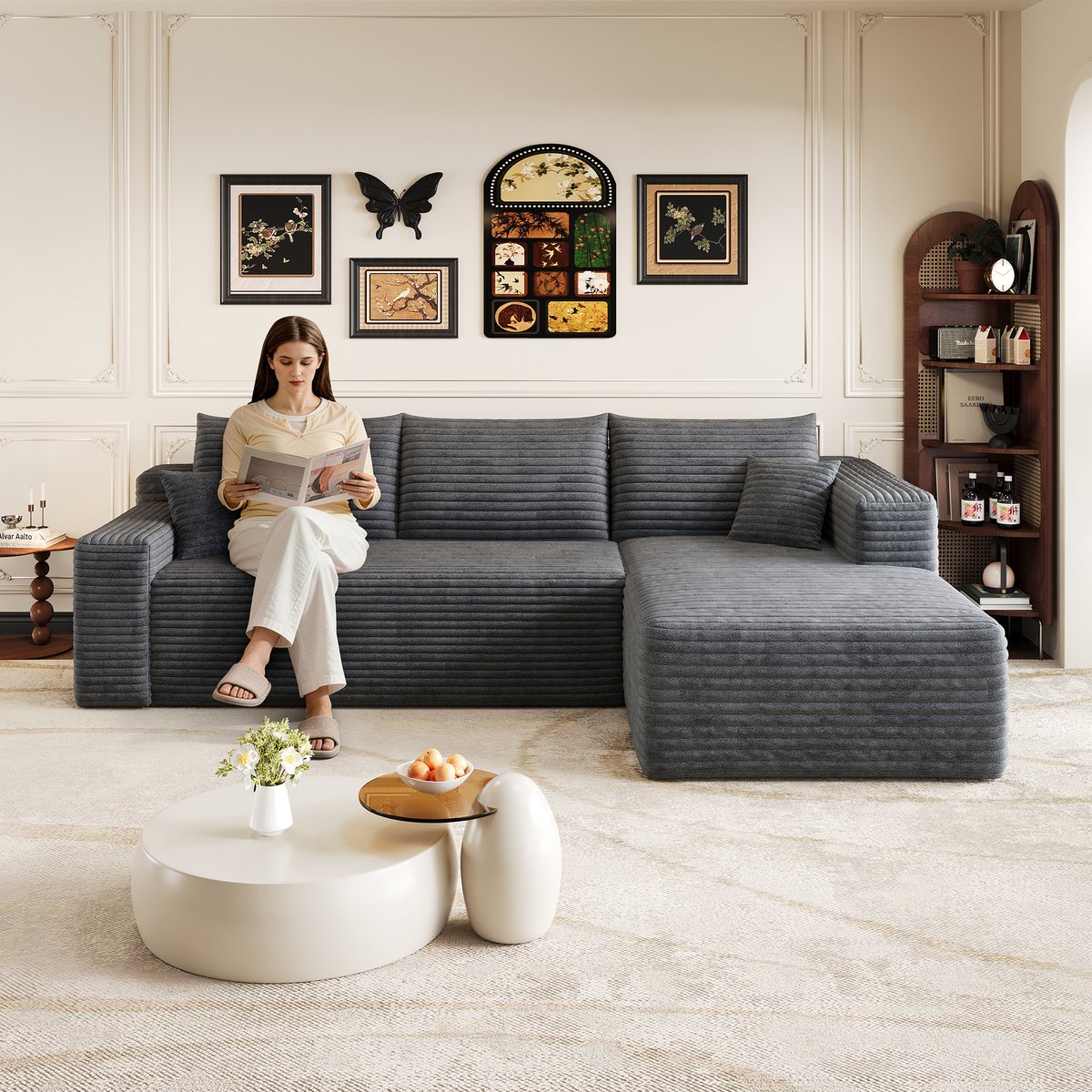 L Bank Hoekbank - Moderne Modulaire Bank Met Diepe Zit Ribstof Donkergrijs