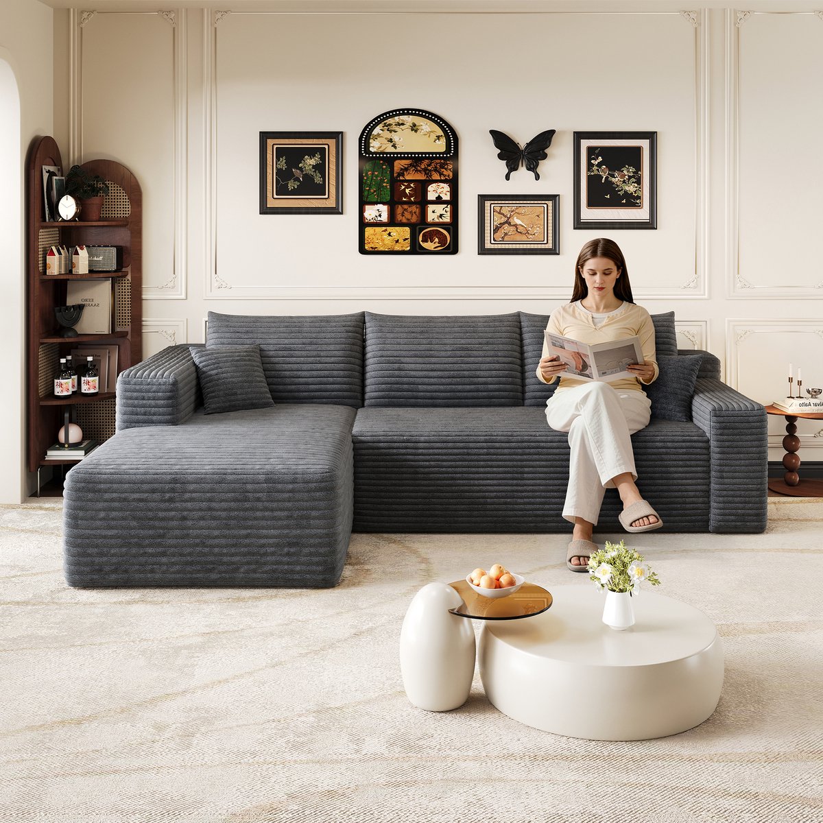 L Vormige Bank - 3 Zits Hoekbank Ribstof - Moderne Cloud Sofa Met Diepe Zit - Comfortabele Lounge Bank Zonder Montage - Zachte Schuimvulling - Compacte Bank Voor Woonkamer - Donkergrijs