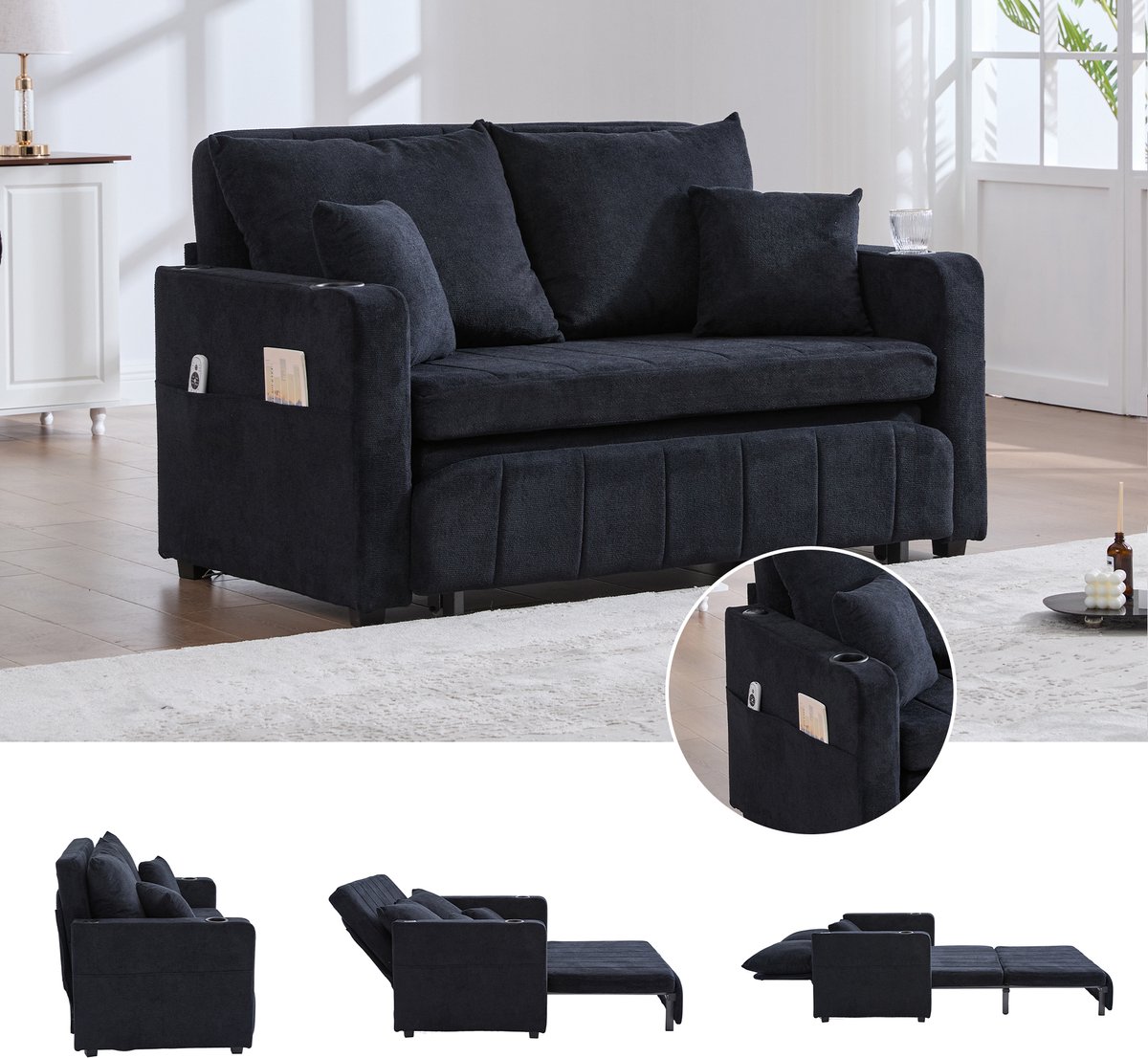 Multifunctioneel Stoffen Klappsofa 139x83x83 cm - Chenille Sofa Met Opbergruimte En USB-aan... - 139x73x83 cm, Zwart