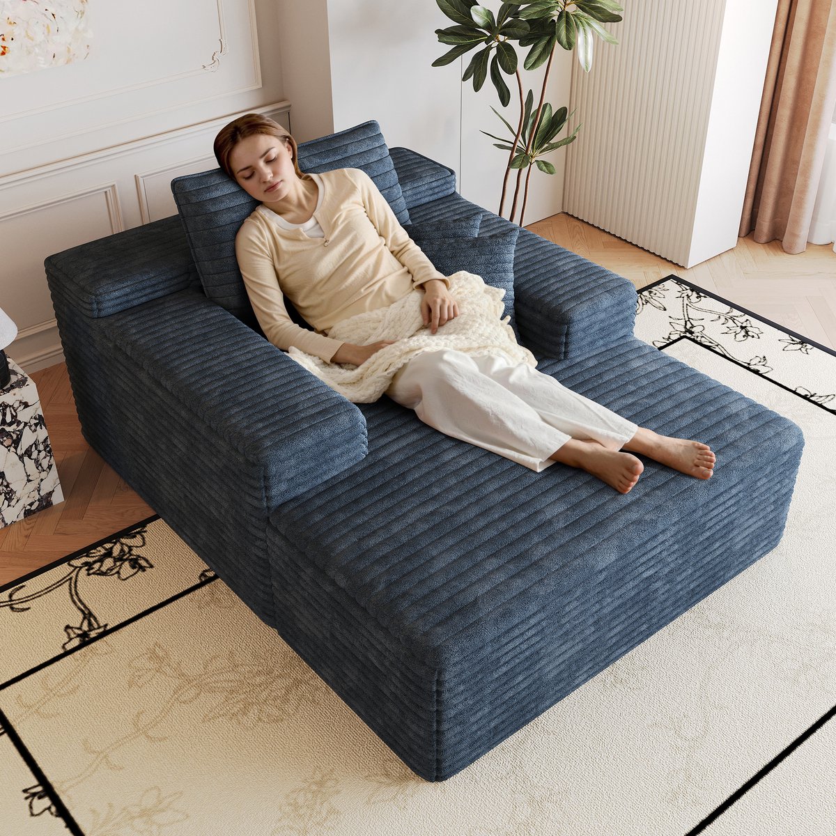 Modulaire Lounge Bank - Ribstof Cloud Sofa Blauw Met Chaise Longue - Frameloze 1-Zits Bank Met Diepe Zit, Zachte Schuimvulling En Geen Montage Nodig Voor Woonkamer Appartement