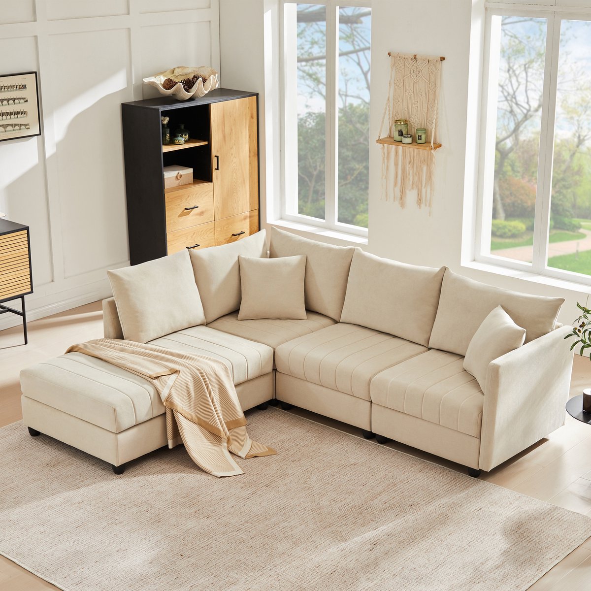 L-förmiges Sofa voor woonkamer en Wohnung - 220x194x85 cm, Beige