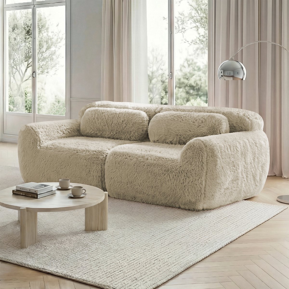 2-sitter Plüschsofa - Rahmenloos Modulair Design Met Kussens - Hellkhaki - 204x104x73 cm, Licht kaki