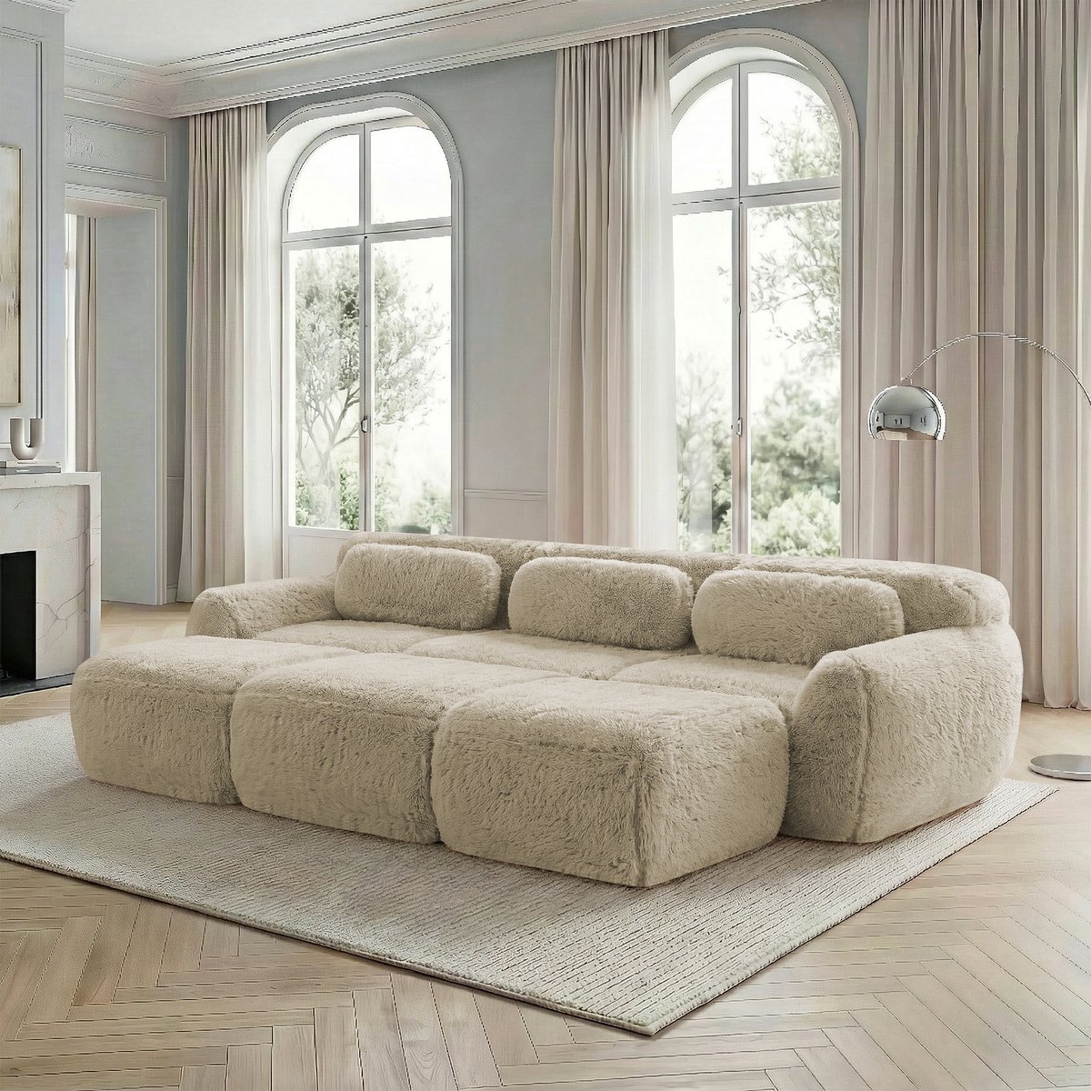 Modulaire Hoekbank 3-Zits - Cloud Sofa Met Lounge Comfort - Zachte Bekleding Met 3 Hockers - Frameloze Bank Met Chaise Ontwerp - Flexibele Loungebank Voor Woonkamer Appartement Beige