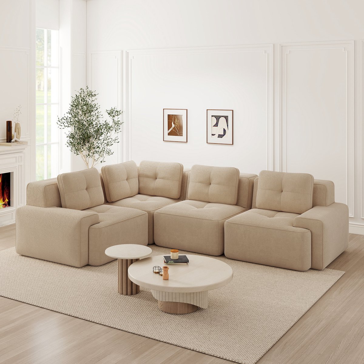 Modulaire Hoekbank - Ribstof Cloud Sofa 4-Zits - Frameloze Lounge Bank Met Diepe Zit, Brede Armleuningen En Antislip Bodem - Comfortabele Hoekbank Voor Woonkamer Kantoor - Beige