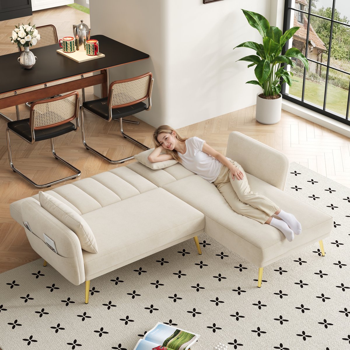 Slaapbank - L-Vormige Hoekbank Met Slaapfunctie, Modulaire 3-Zits Sofa Met Verstelbare Rugleuning En Zachte Velvet Bekleding - Multifunctionele Lounge Bank Voor Woonkamer, Slaapkamer En Gastenkamer - Beige