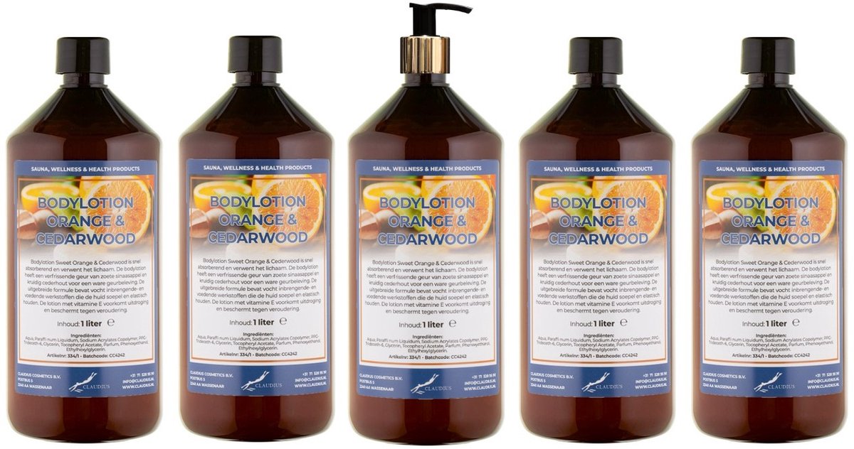 Bodylotion Sweet Orange & Cedarwood 1 Liter - met gouden pomp - set van 5 stuks - Voordeelverpakking