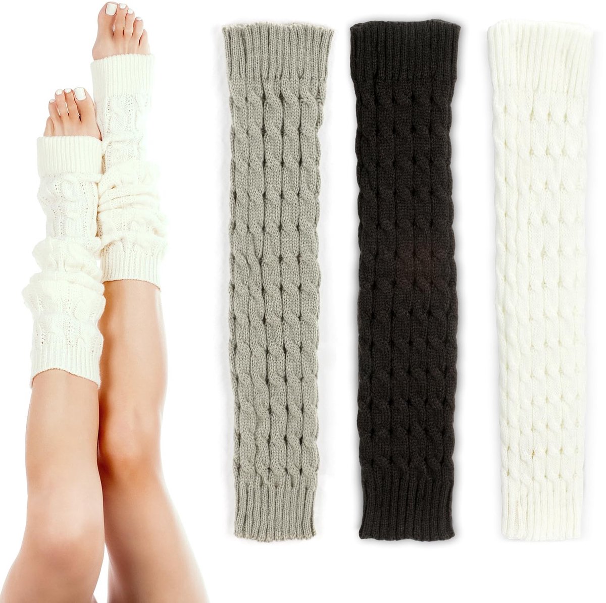 Solidchoice - Dames Legwarmers Set van 3 in Zwart, Crème en Grijs