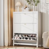 Schoenenkast - Schoenenkast met 3 klapdeuren - Houten schoenenkast met verstelbare planken - 90 x 30 x 110 cm - Wit