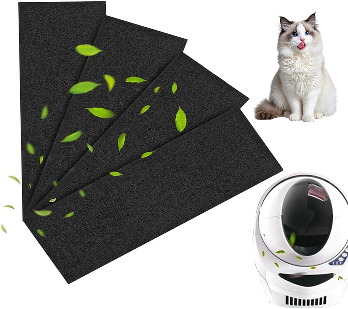 Set van 4 actieve koolfilters voor kattenbakvulling - geurremmend - vervangingsfilter - rechthoekig - koolfilter voor deodorant voor kattenbakvulling - geschikt voor het verwijderen van geuren