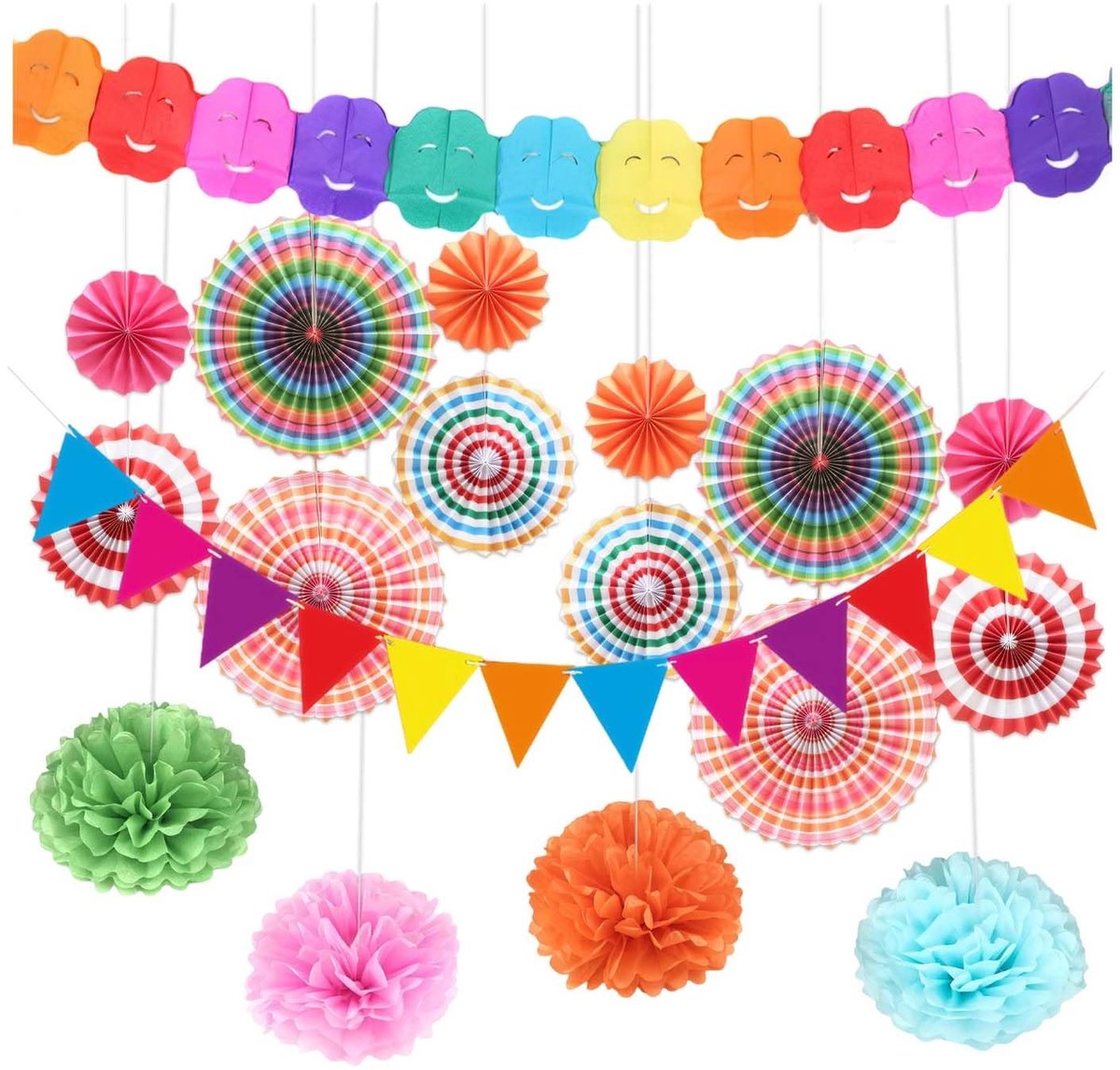 Feestdecoratie 18-delig - Kleurrijke Mexicaanse thema - Papieren waaiers en pompons - Perfect voor verjaardagen - ShopVlot