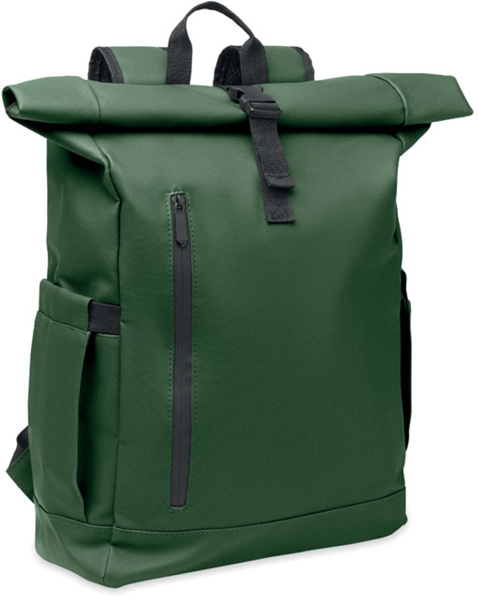 Rolltop 15 inch laptoprugzak van PU-gecoat 600D RPET polyester en RPET polyester voering Kleur Donker Marine Groen
