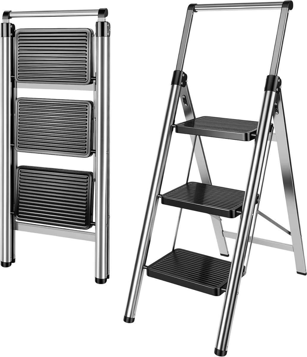 Opvouwbare Stalen Ladder met 3 Treden – Huishoudladder tot 150 kg met Brede, Compacte Trapladder en Opvouwbare Trapladder