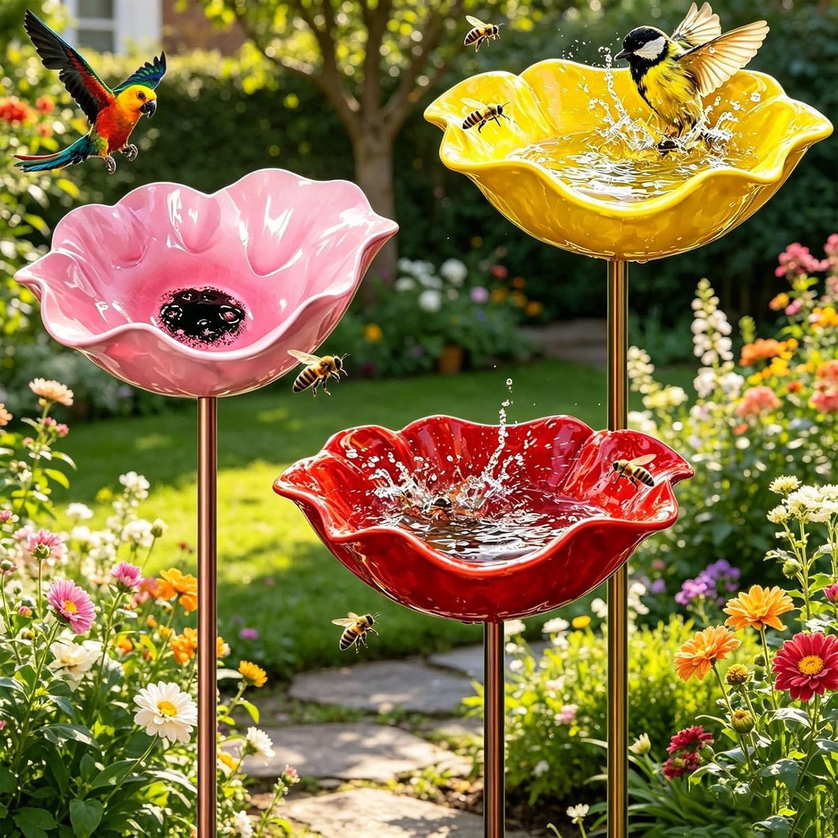 Vogelvoeder - 3 stuks - 14*60cm - Tuindecoratie - Bloemenvogelvoeder - Grondwaterbak - Verticaal vogelbad - Vogelwaterbad - Bloemvormige voerbak - Bijenbak metaal - Geschikt voor plaatsing in bloembedden, paden, gazons of bloempotten rood/geel/roze