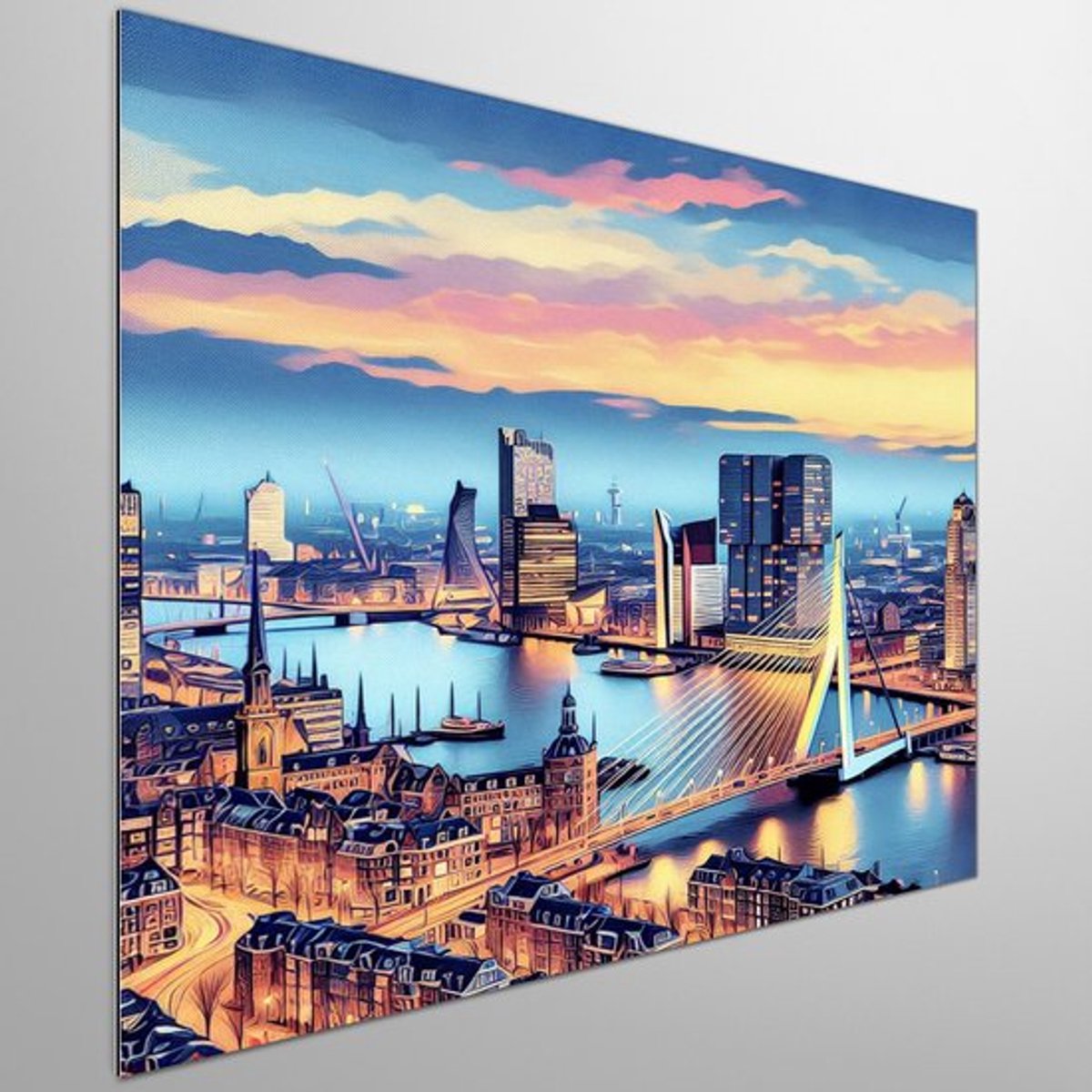 Olieverf rotterdam schilderij | Rotterdamse schoonheid in olieverf: een bruisend kunstwerk vol contrasten | Kunst - 80x80 centimeter op Forex | Foto op Forex