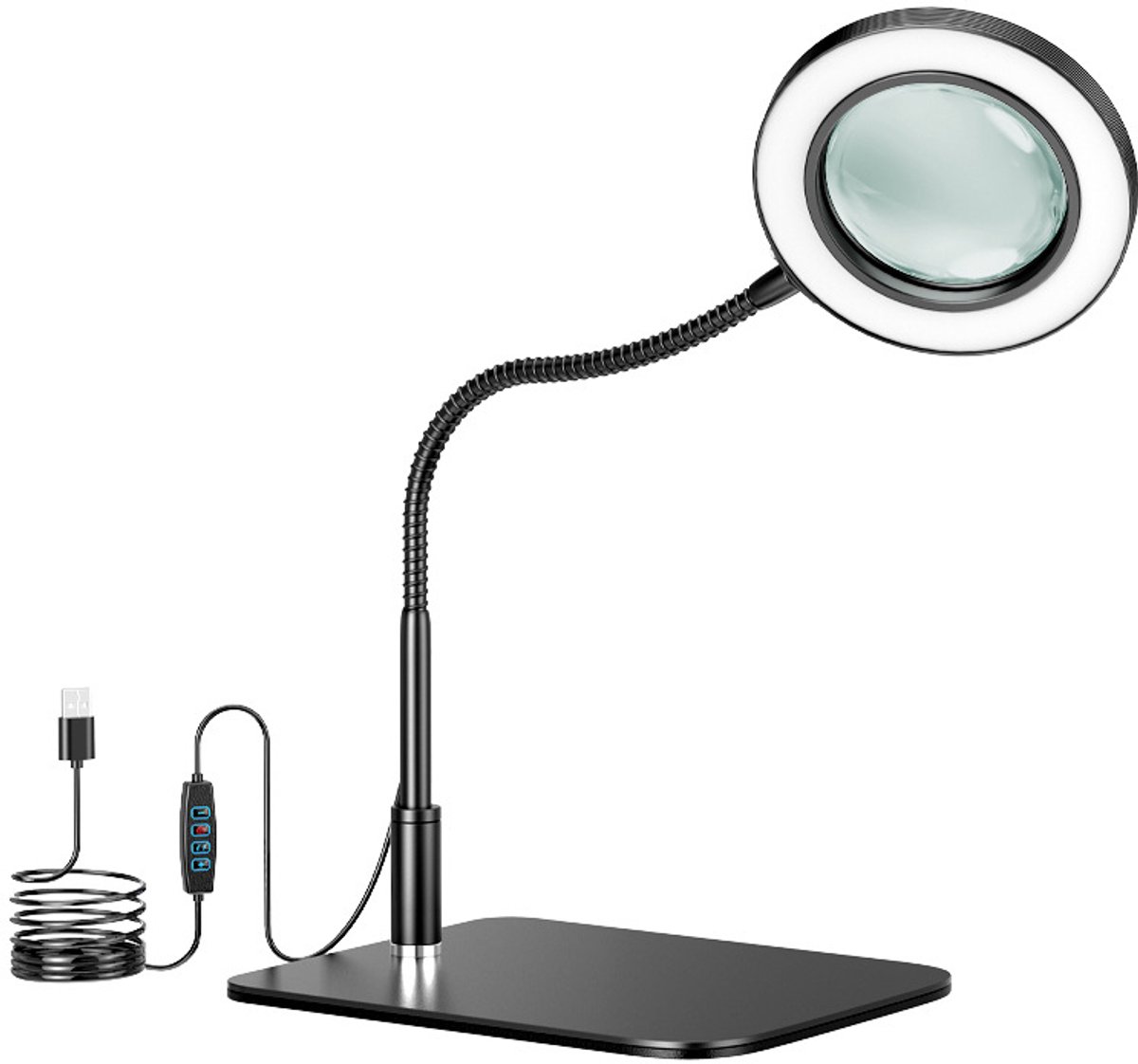 Bureaulamp met grote spiegel van 160 mm, 10x vergrootglas, flexibele LED-buis met instelbare driekleurige verlichting, metalen voet en USB-aansluiting voor lezen, borduren, lassen en andere werkzaamheden - Nachtlampje thumbnail 3