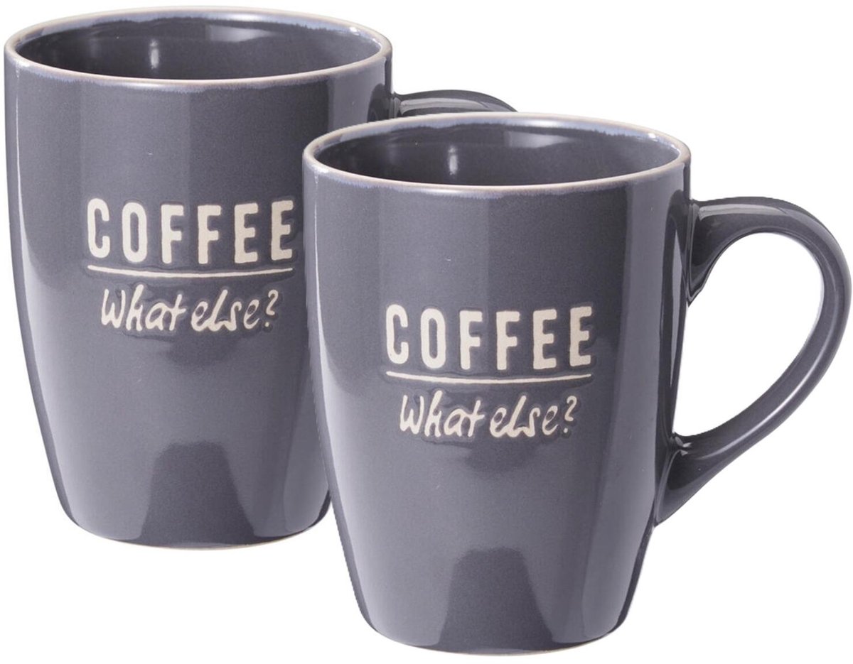 Siaki koffie kopjes Barista Cafe - 2x stuks - grijs - 340 ml - mokken - keramiek - 10 cm - met koffie thema teksten