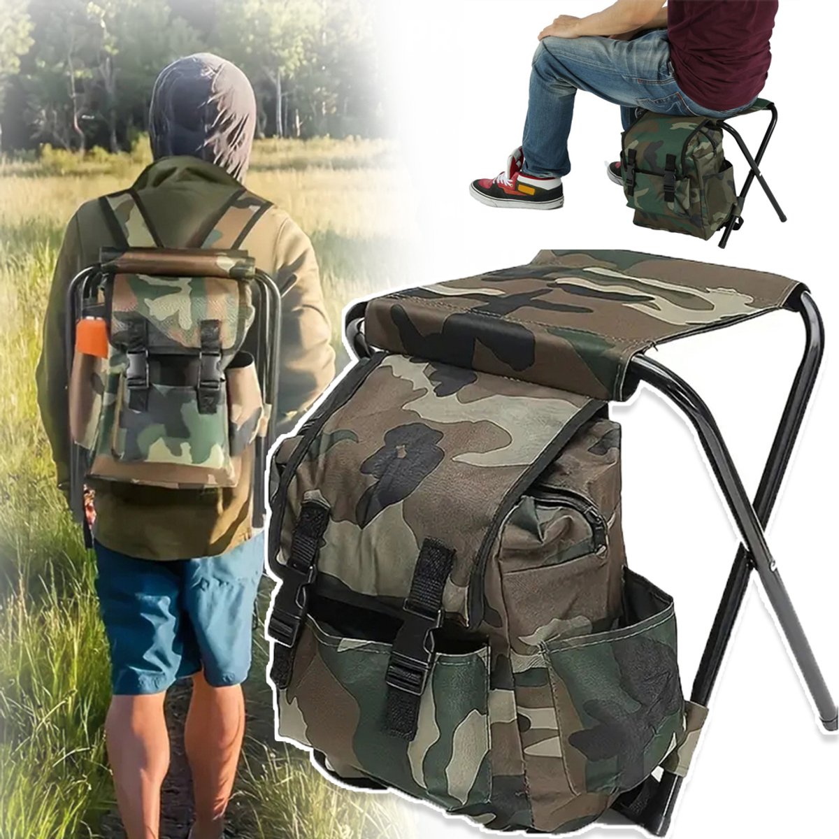 2-in-1 Opvouwbare Kruk En Rugzak Met Een Draagvermogen Van 100 kg - Camouflage Duurzaam Oxford-Doek Metalen Frame Gemakkelijk Mee Te Nemen - Ideaal Voor Vissen En Picknicken