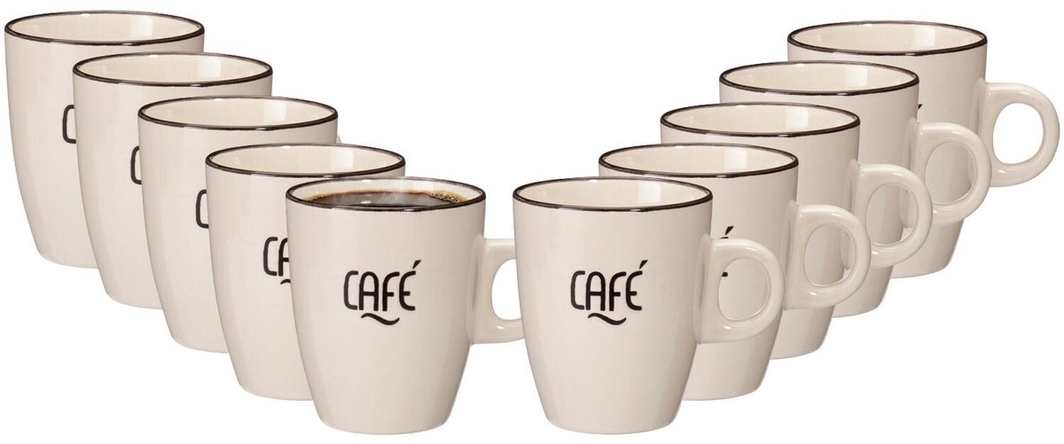 Siaki koffie kopjes Barista Cafe - 10x stuks - creme wit - 220 ml - mokken - keramiek - 10 cm - met koffie thema teksten