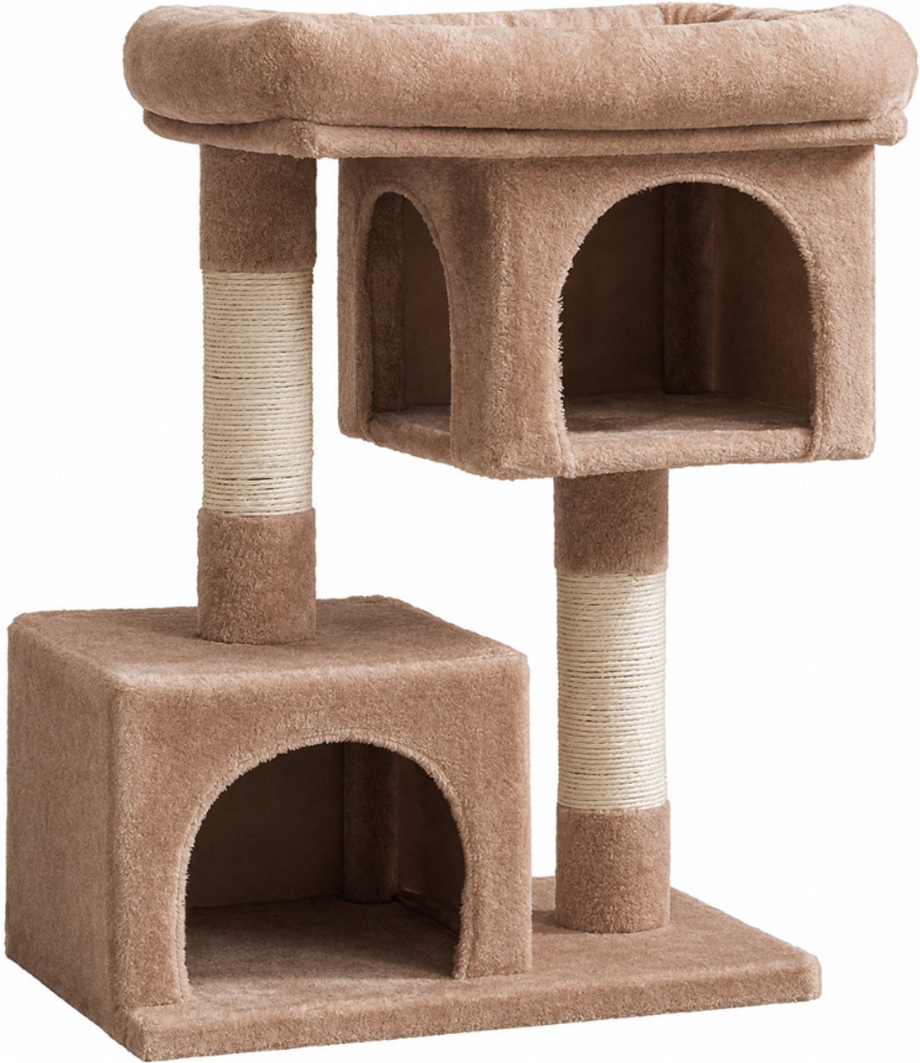 MAZAZU - Krabpaal Compact - Koffiebruin - Met 2 Knusse Huisjes & Luxe Ligbed - Stevig Klimmeubel met Sisal Krabpalen - 84cm - Modern Design