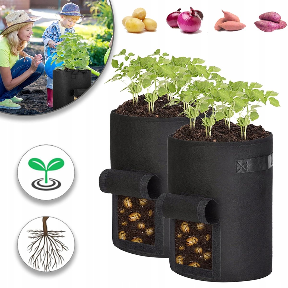 Aardappel Kweekzak Van 10 Gallon Met Oogstvenster En Dubbele Handgrepen - Superieure Ventilatie En Drainage BPA-Vrije Stof - Ideaal Voor Wortelen, Uien En Meer