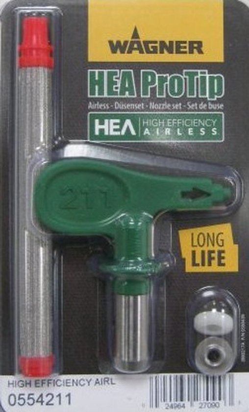 Wagner HEA ProTip spuitmond met groene handgreep, nummer 211, en zilverkleurige filterpatronen.