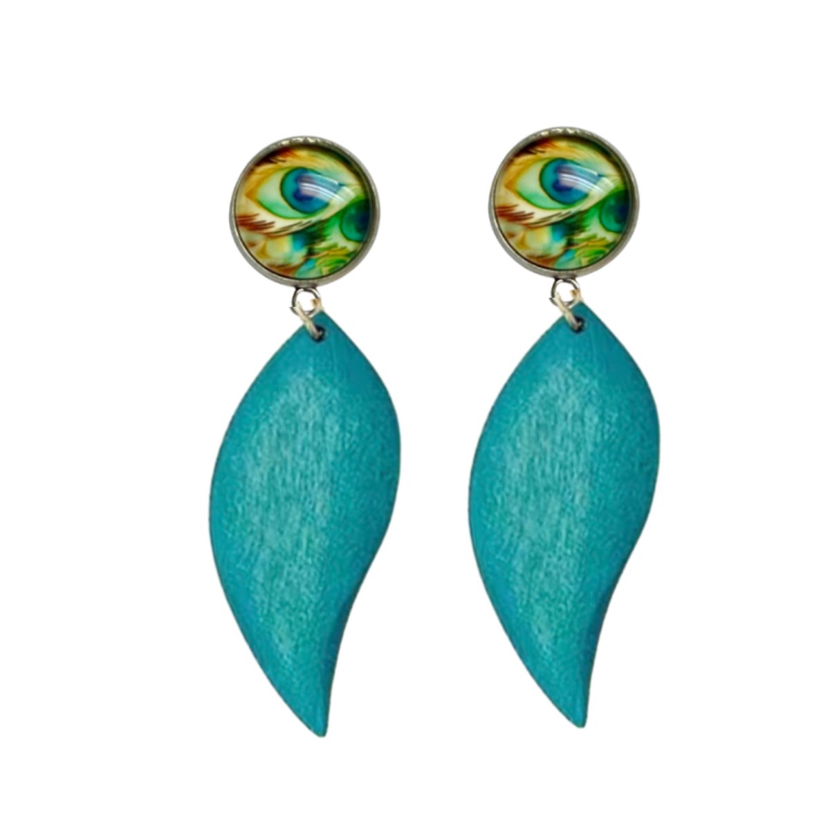 Clipoorbellen- Lange-Turquoise- hout-zilverkleur-Charme Bijoux