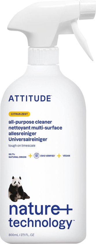 Witte spuitfles met gele accenten. "ATTITUDE" en "CITRUS ZEST". De fles heeft een panda-illustratie en de tekst "nature+ technology".