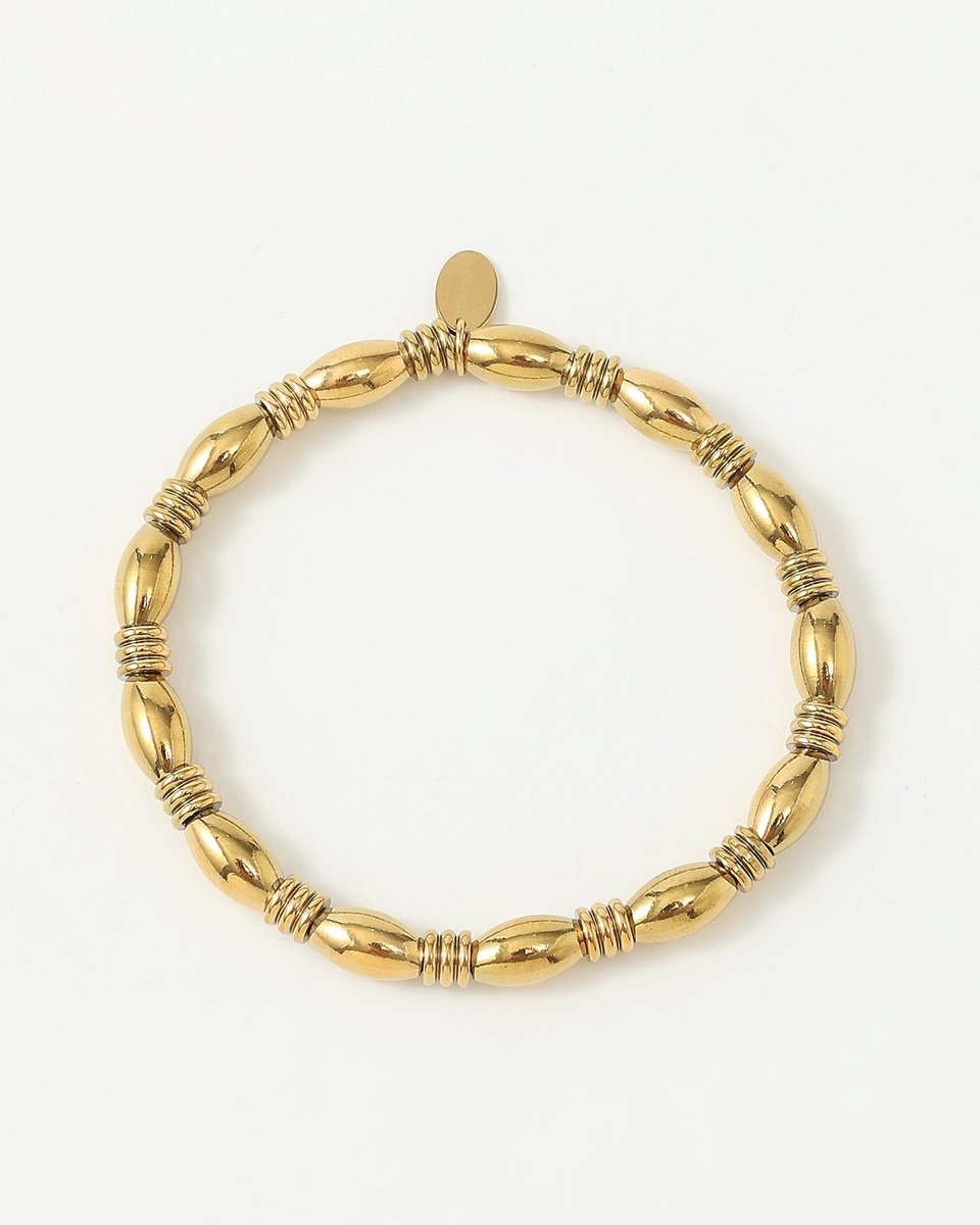 Nouka Dames Armband - Stainless Steel - Goud Gekleurde Kralen - Langwerpige Kralen - Combineren - Cadeau voor Vrouwen - Cadeau Voor Moeder
