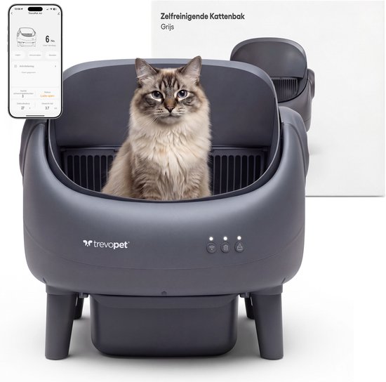 Grijze TrevoPet Air zelfreinigende kattenbak met kat en bijbehorende app-interface.