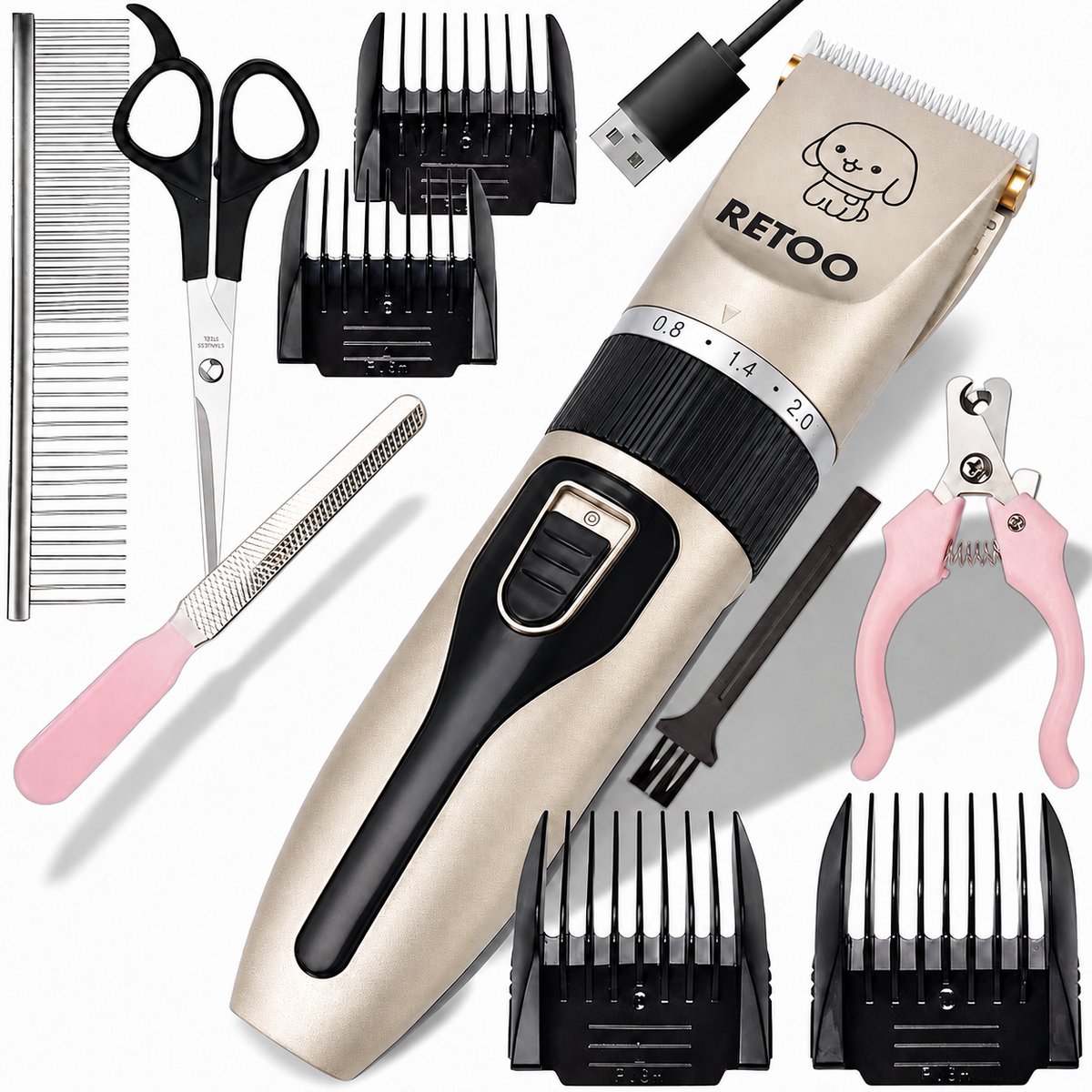 Hondentondeuse – Honden Trimmer – Complete Honden Trimset – Draadloos & Oplaadbaar – 4 Opzetkammen – Dierentondeuse – Inclusief Schaar, Nagelknipper, Vijl & Kam