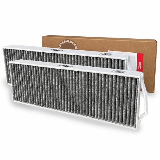 Twee koolstof K&N filters van Propex Parts, met grijze plooien, op een witte achtergrond.