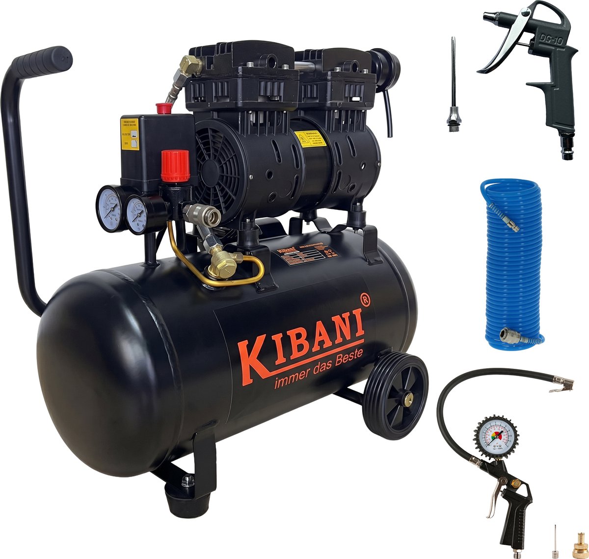 Kibani Super Stille Ecoline Compressor 24 Liter + Luchtslang 10 Meter + Bandenpomp + Luchtspuit - Complete SET - 8 Bar - 116 L/min