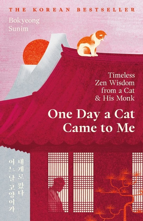 Boekomslag met een rode en witte kat op een rood dak, met een oranje zon en bergen op de achtergrond. Titel: 'One Day a Cat Came to Me'.