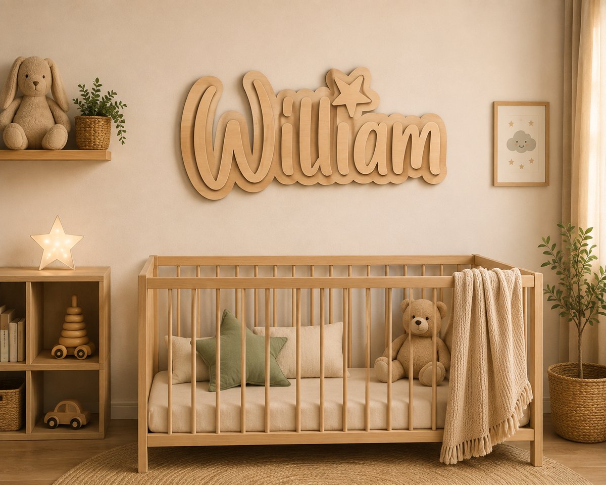 Gepersonaliseerde Houten Naam Wanddecoratie Kinderkamer – 3D Naamplaat op Maat – Dubbele Laag Hout – 5 mm per Laag – Totale Dikte 10 mm – Naamdecoratie voor Babykamer en Kinderkamer – Natuurlijke Houtkleur – Persoonlijk Cadeau