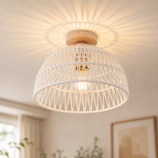 Clarvel Madera Plafondlamp Rotan Wit - Boho Plafondlamp - Houten Plafondlamp - E27 Plafondverlichting - Moderne Rotan Lamp voor Woonkamer, Slaapkamer, Hal en Eetkamer