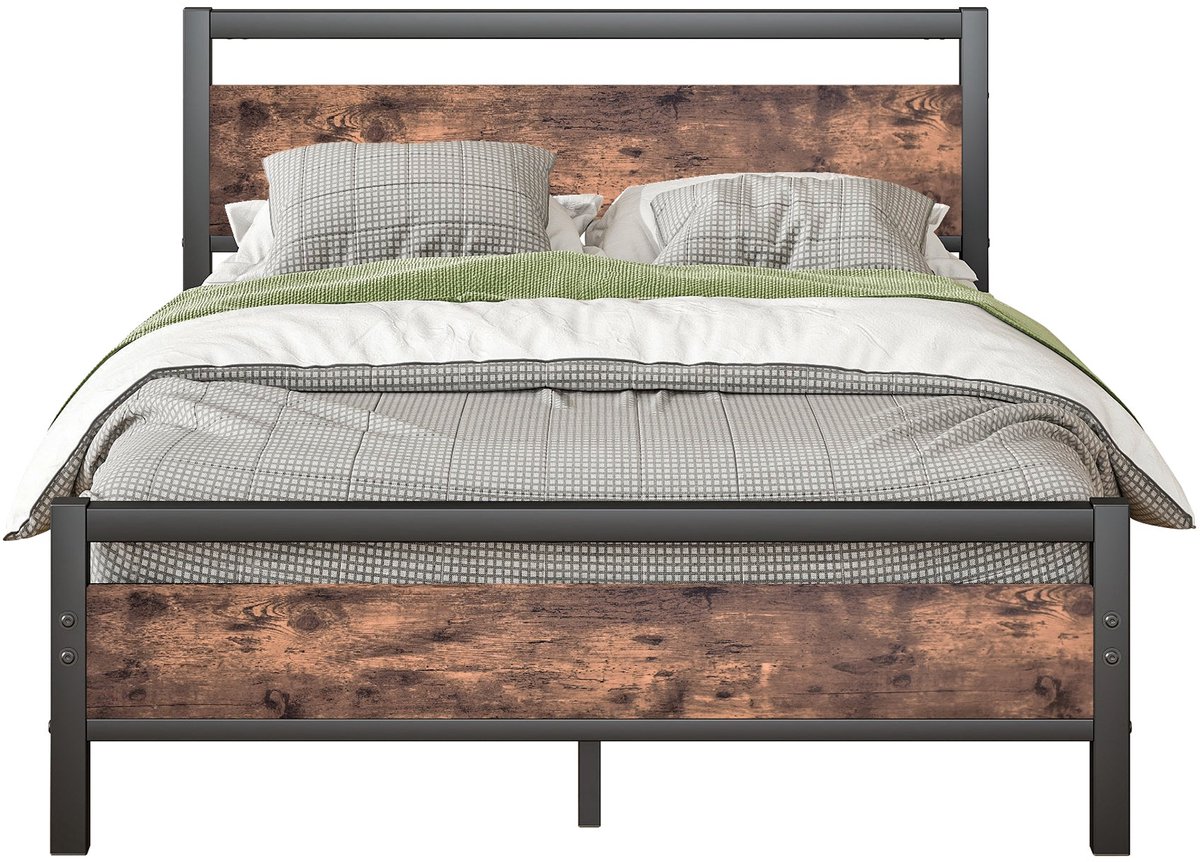 Merax Metalen Bed 140 x 190 cm - Metalen Lattenbodem - 27 cm Opbergruimte Onder Bed - Hoofdbord en Voetbord - Bruin - Zwart