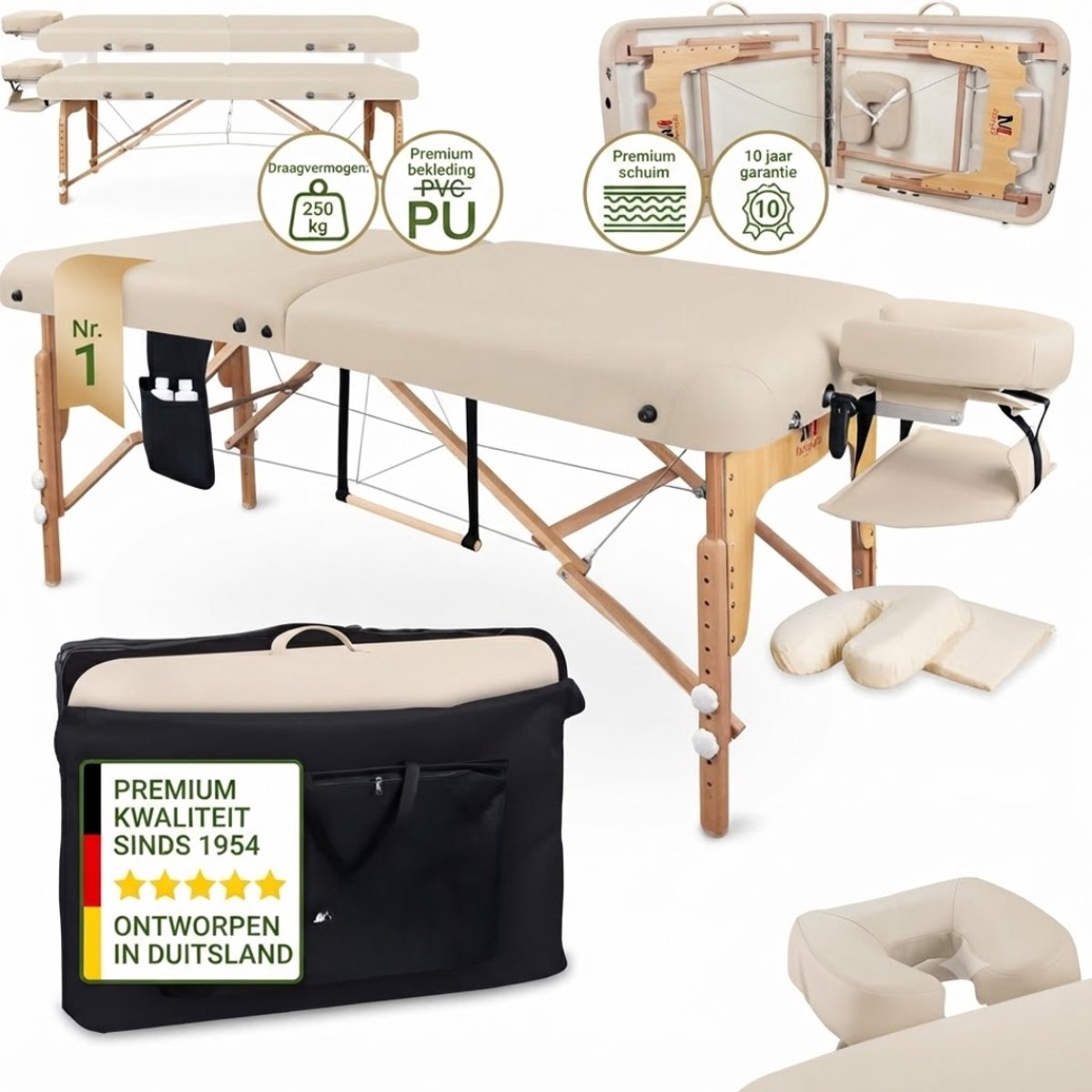 Lìon® Massage Tafel - Behandeltafel - Massagetafel - Creme - 185cm x 70cm x 85cm