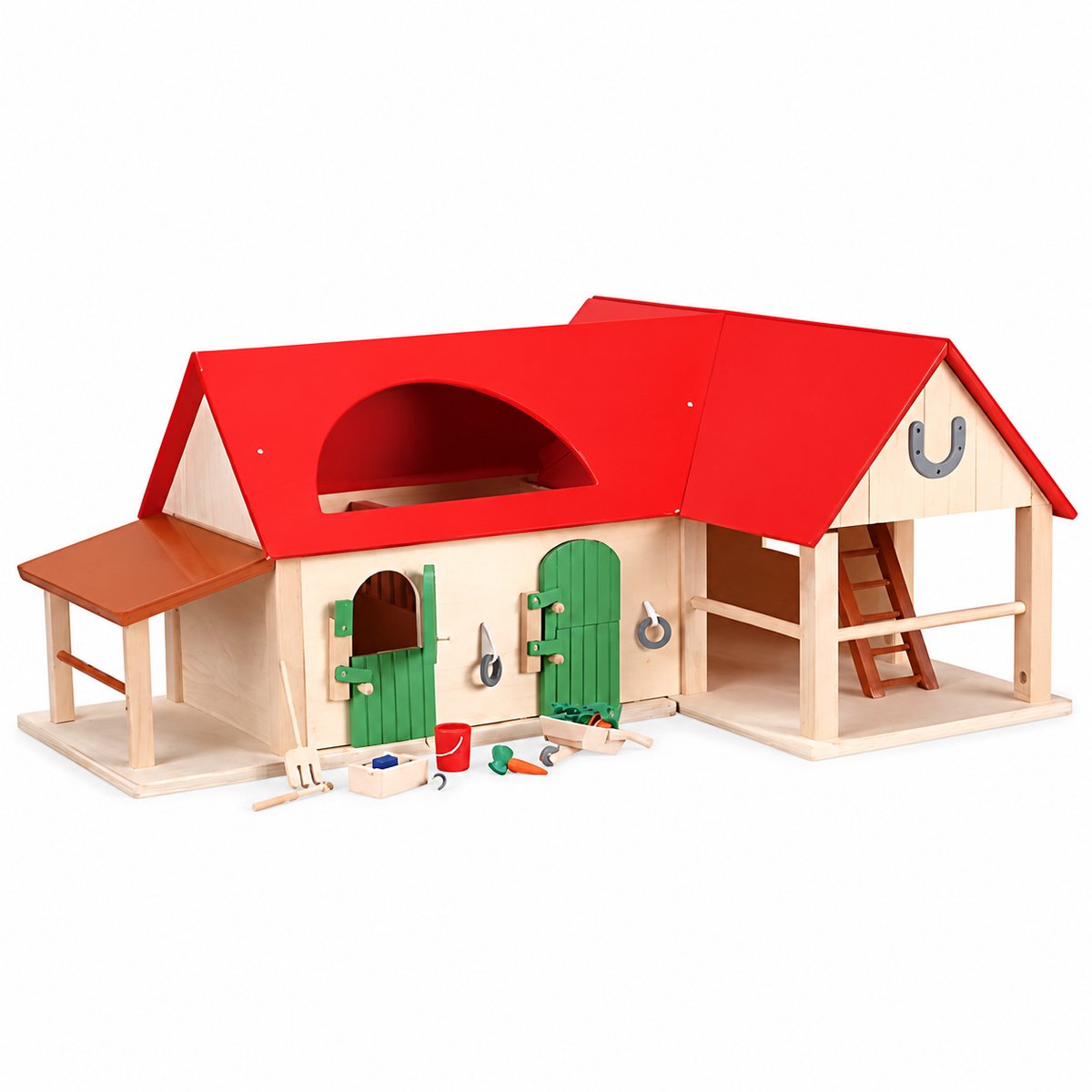 Houten Speelgoedboerderij met Paardenstal – Grote Houten Boerderij en Manege – Speelgoed Boerderij - Speelset met Stallen, Hooizolder, Ladder, Kruiwagen en 13 Accessoires – Kinderspeelgoed vanaf 3 Jaar – Houten Paardenstal - Speelgoed - 68 cm