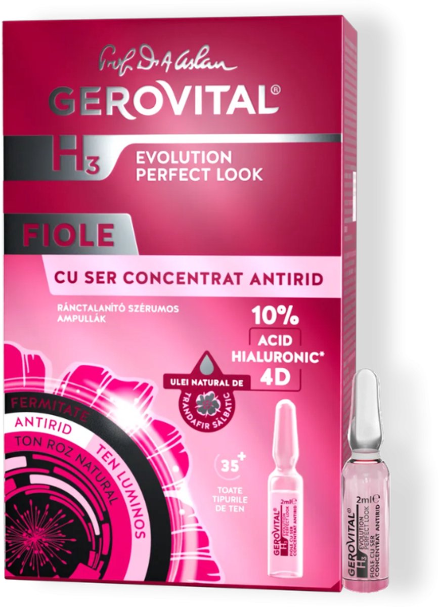 Gerovital H3 Evolution Perfect Look – 10% Hyaluronzuur 4D Serum Ampullen – Anti-Rimpel & Filler Effect Zonder Naald – Met Wilde Rozenolie – 10 x 2 ml