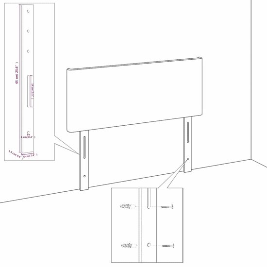 Technische tekening van een zwart hoofdbord met afmetingen.