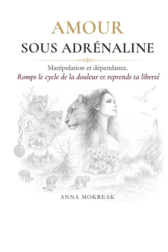 Couverture du livre "Amour Sous Adrénaline" avec une femme, des lionceaux, des lions et un phare.