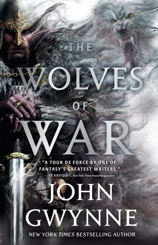Couverture du livre "The Wolves of War" par John Gwynne. Un guerrier barbu portant un casque et une cape de fourrure, et un loup aux crocs découverts.