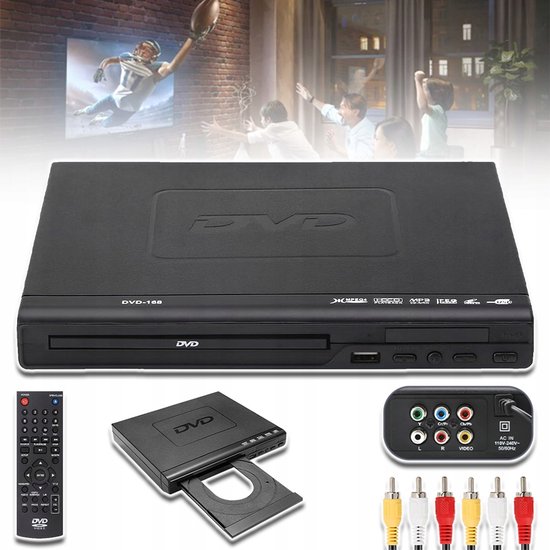 Zwarte DVD-speler, open lade, afstandsbediening, RCA-kabels en aansluitbox.