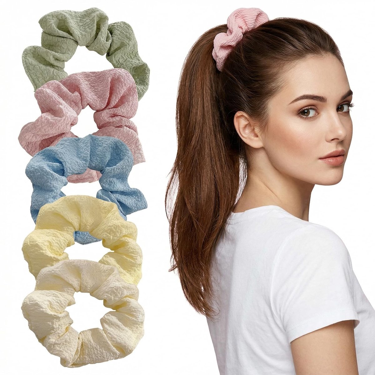 Solidchoice - Set van 5 Pastelkleurige Chiffon Haarelastiekjes voor Dames